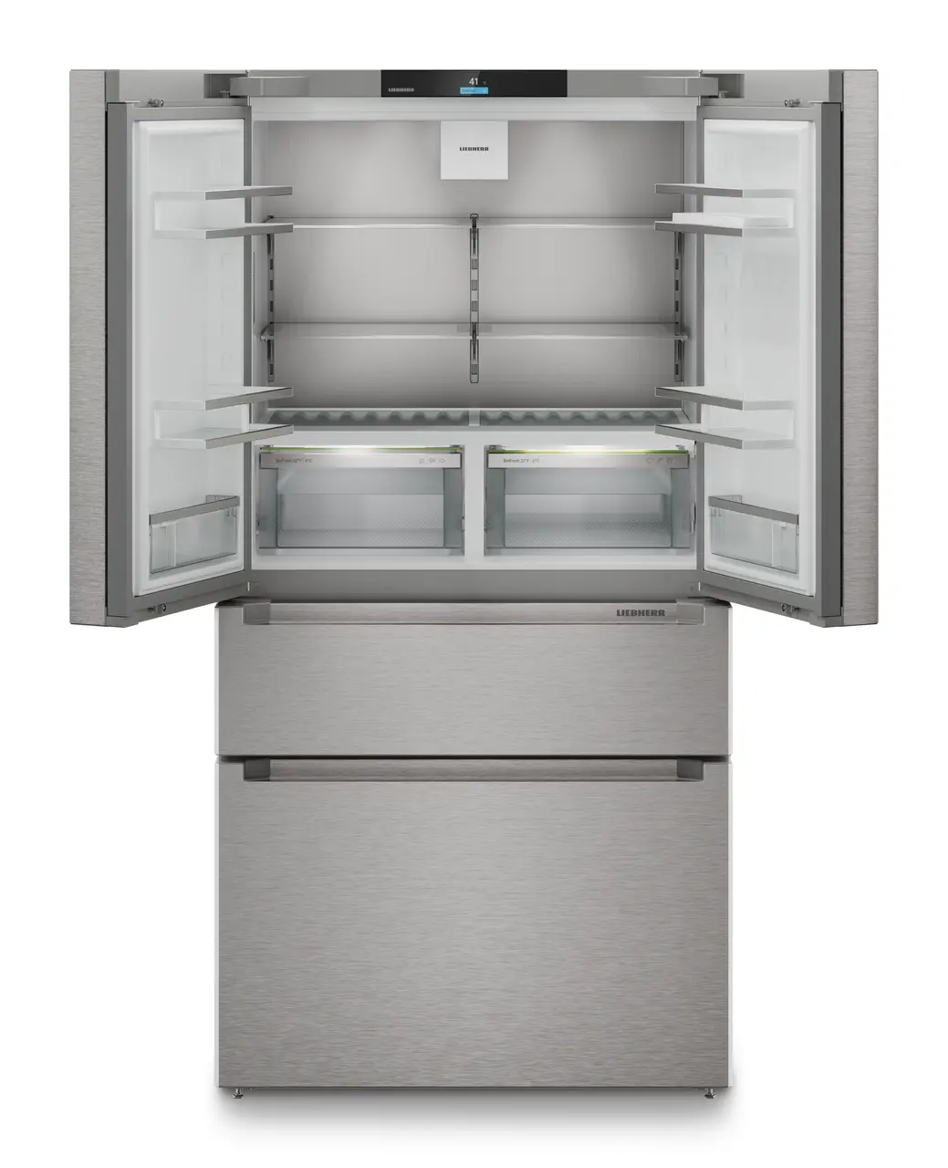 Product image, Perspective: straight open empty, French Door fridge-freezer with 2 freezer drawers and IceMaker and InfinitySpring, Casing colour: silver, Door colour: stainless steel