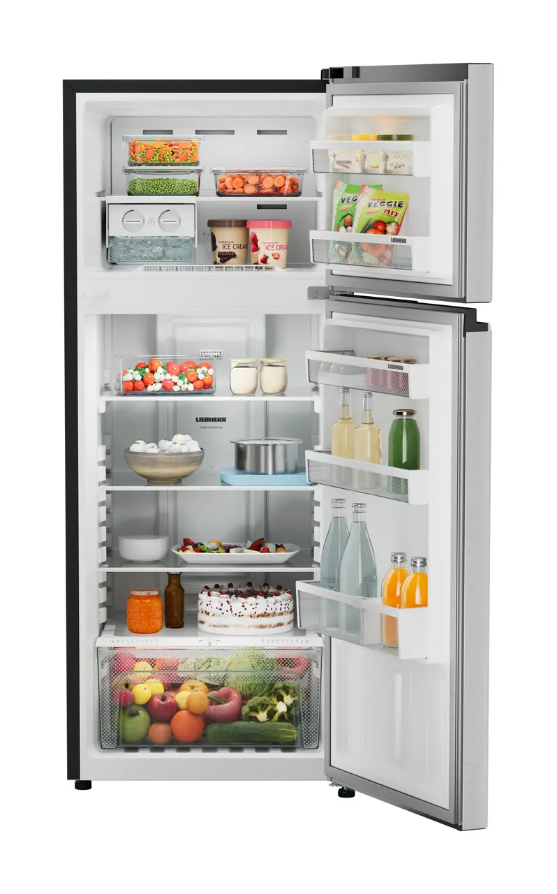 Product image, Perspective: straight open decorated, Fridge-freezer with NoFrost, Casing colour: grey, Door colour: Stainless Steel