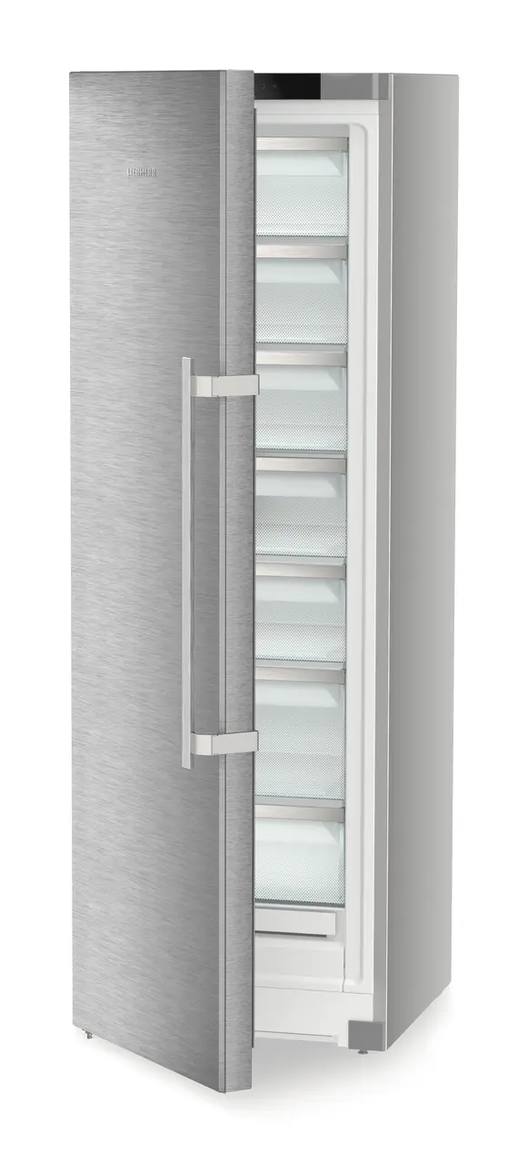 Product image, Perspective: oblique half-open empty, Freestanding freezer with NoFrost and EasyTwist-Ice, Casing colour: silver, Door colour: stainless steel