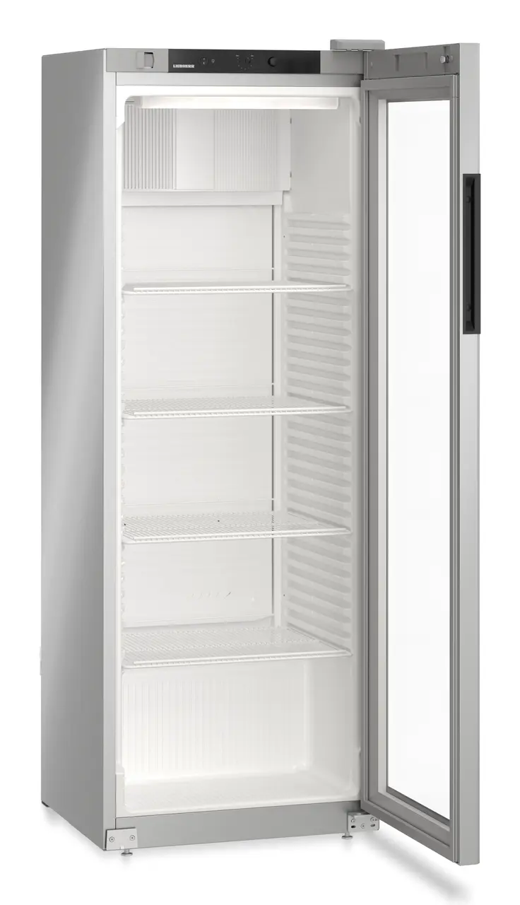 Obraz produktu, Perspektywa: Pod kątem, otwarte, puste, Chłodziarka z chłodzeniem powietrzem obiegowym, Kolor obudowy: Srebrny, Kolor drzwi: Srebrny