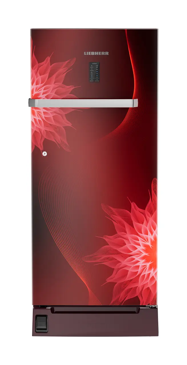Product image, Perspective: straight closed, Single-door refrigerator 202 l with foot pedal base drawer and iCoolTouch UI, Casing colour: red, Door colour: Red Mystiq