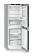 Product image, Perspective: oblique open empty, Combined fridge-freezers with EasyFresh and NoFrost, Casing colour: silver, Door colour: Steelfinish