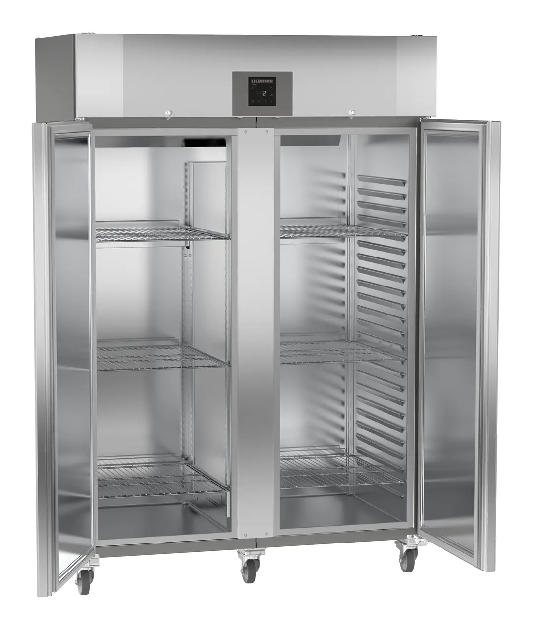 Product image, Perspective: oblique open empty, Forced-air refrigerator GN 2/1, Casing colour: stainless steel look