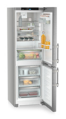 Изображение продукции, Перспектива: Под углом, с открытой дверцей, с продуктами, Комбинированный холодильник-морозильник с EasyFresh и NoFrost, Цвет корпуса: серебристый, Цвет дверцы: нержавеющая сталь