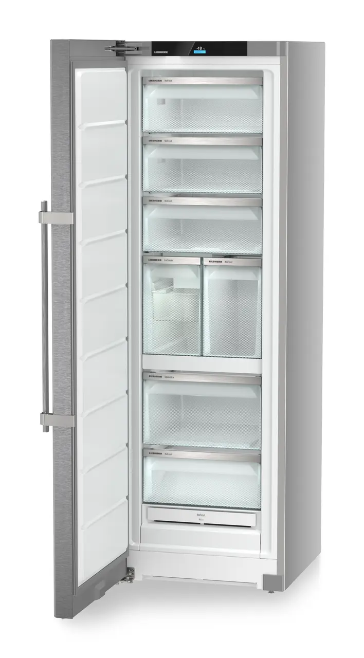 Product image, Perspective: oblique open empty, Freestanding freezer with NoFrost and IceTower, Casing colour: silver, Door colour: stainless steel