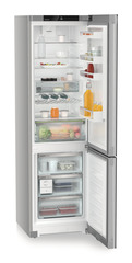 Product image, Perspective: oblique open decorated, Combined fridge-freezers with EasyFresh and NoFrost, Casing colour: silver, Door colour: GlassBlack