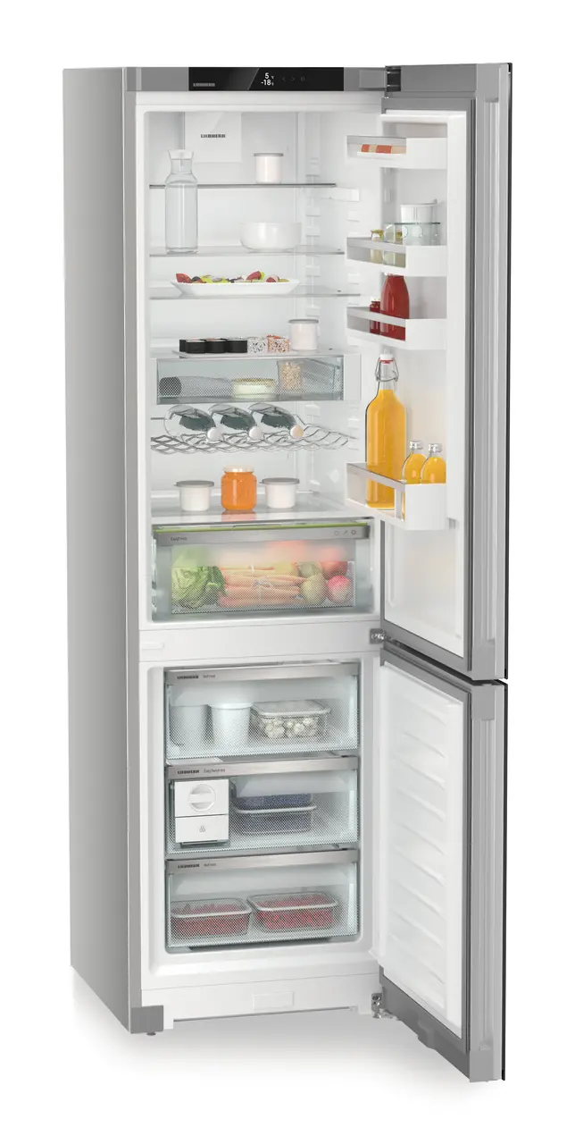 Product image, Perspective: oblique open decorated, Combined fridge-freezers with EasyFresh and NoFrost, Casing colour: silver, Door colour: GlassBlack