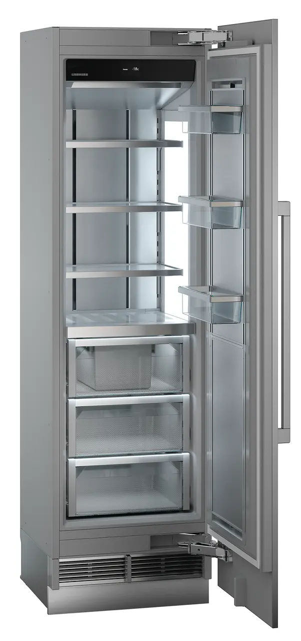 Produkt-Bild, Perspektive: schräg offen leer, Integrierbarer Gefrierschrank mit NoFrost, Gehäusefarbe: Grau