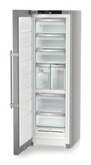 Product image, Perspective: oblique open empty, Freestanding freezer with NoFrost and IceTower, Casing colour: silver, Door colour: stainless steel