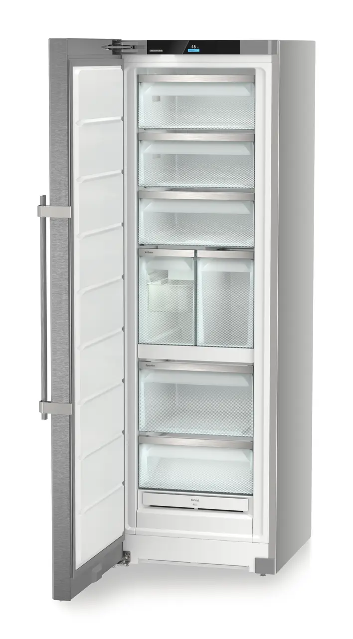 Product image, Perspective: oblique open empty, Freestanding freezer with NoFrost and IceTower, Casing colour: silver, Door colour: stainless steel