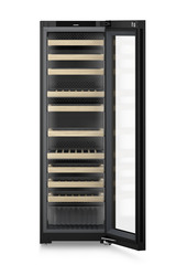 Product image, Perspective: straight open empty, Multi-temperature wine cabinet, Casing colour: BlackSteel, Door colour: GlassBlack