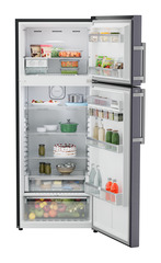 Product image, Perspective: straight open decorated, Fridge-freezer with NoFrost, Casing colour: grey, Door colour: Cobalt Steel