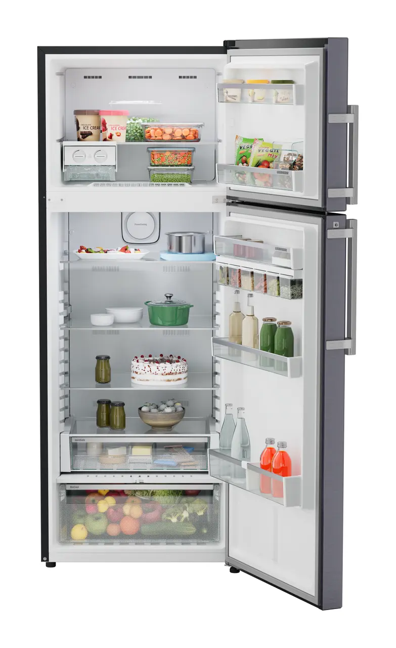 Product image, Perspective: straight open decorated, Fridge-freezer with NoFrost, Casing colour: grey, Door colour: Cobalt Steel