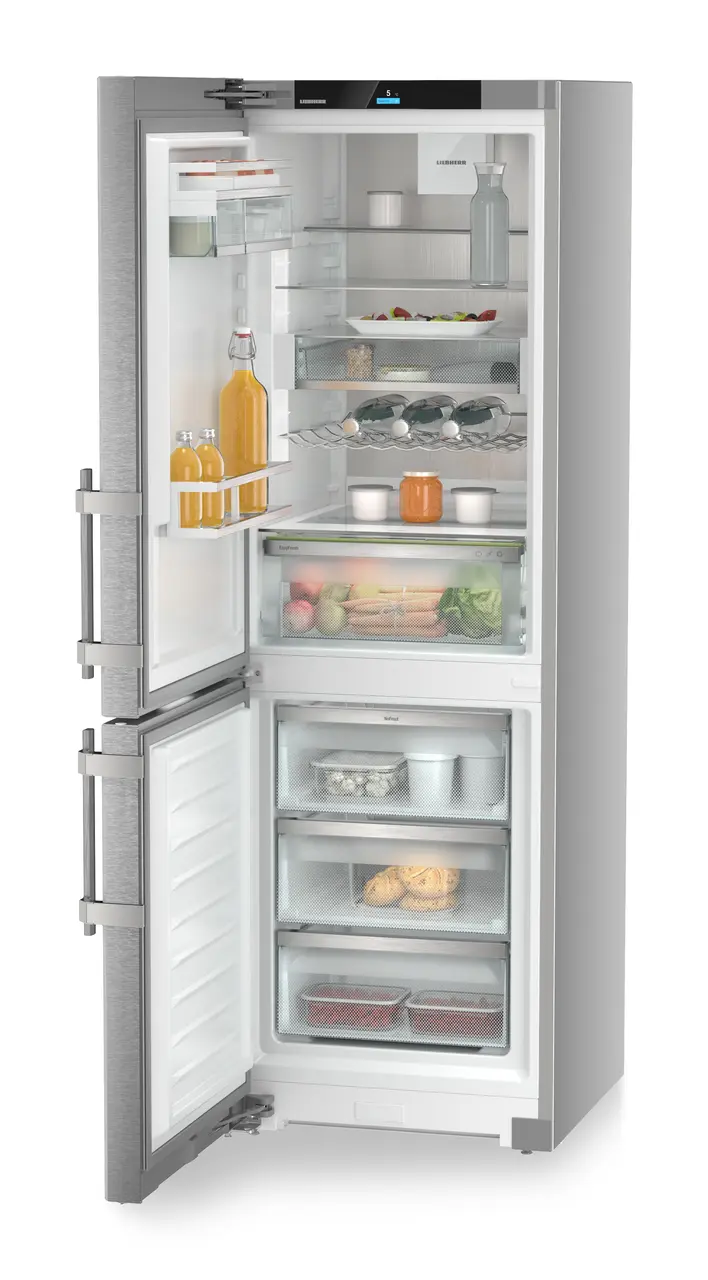 Product image, Perspective: oblique open decorated, Combined fridge-freezers with EasyFresh and NoFrost, Casing colour: silver, Door colour: stainless steel