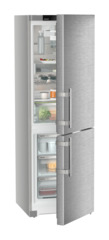Product image, Perspective: oblique half-open decorated, Combined fridge-freezers with EasyFresh and NoFrost, Casing colour: silver, Door colour: stainless steel