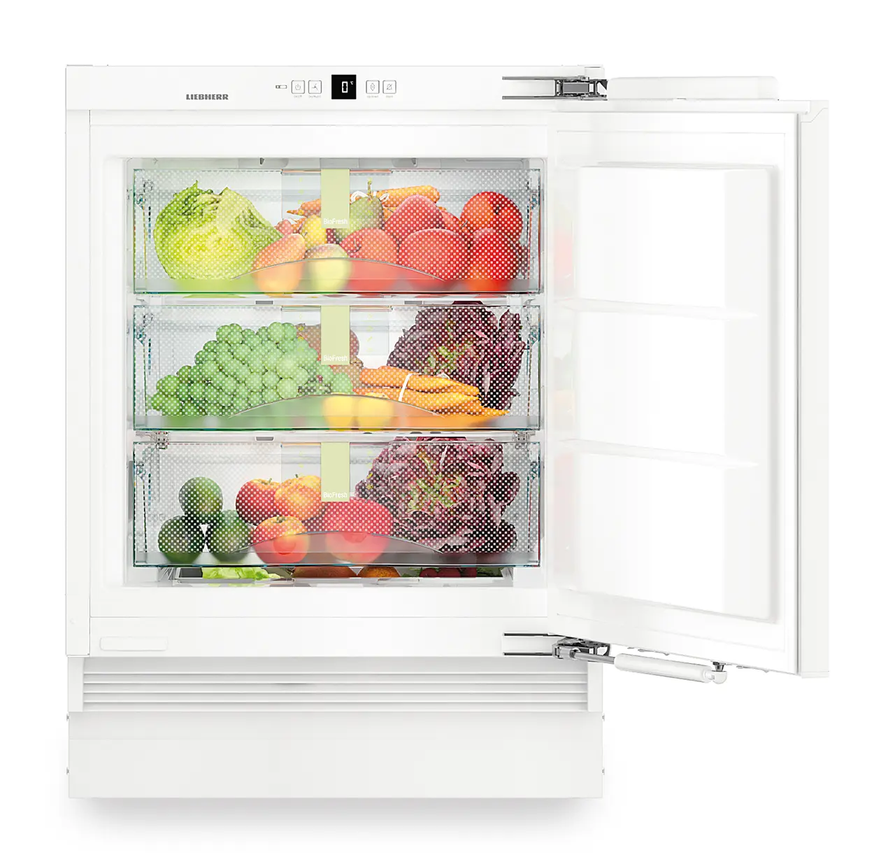 Изображение продукции, Перспектива: Прямо, с открытой дверцей, с продуктами, Встраиваемый под столешницу холодильник BioFresh