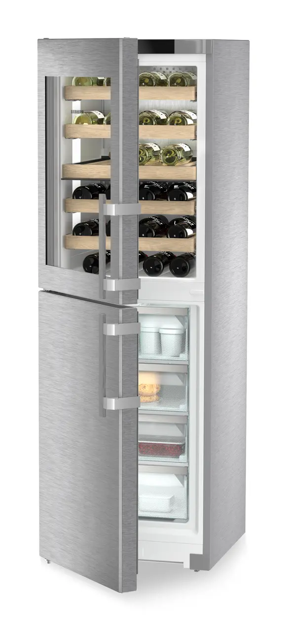 Product image, Perspective: oblique half-open decorated, Combination with NoFrost freezer compartment and wine tempering compartment, Casing colour: stainless steel, Door colour: stainless steel