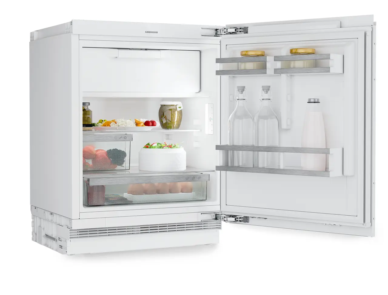 Produkt-Bild, Perspektive: schräg offen dekoriert, Dekorfähiger Unterbaukühlschrank