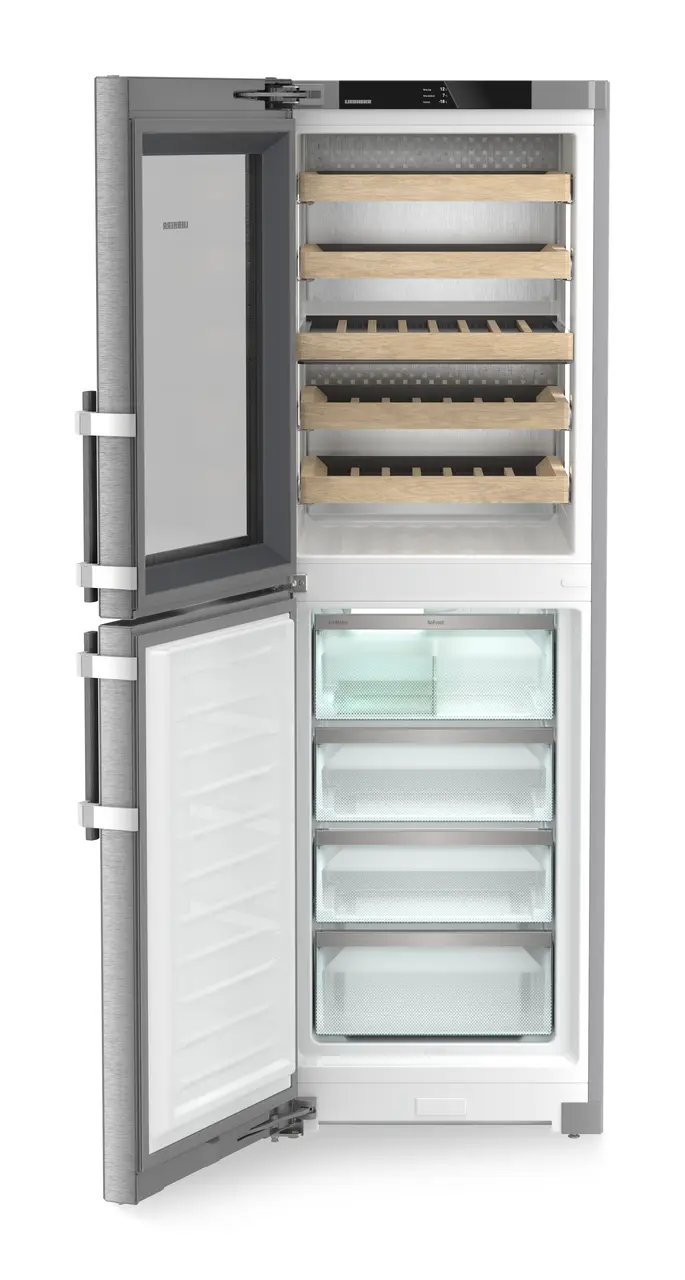 Product image, Perspective: straight open empty, Combination with NoFrost freezer compartment and wine tempering compartment, Casing colour: stainless steel, Door colour: stainless steel