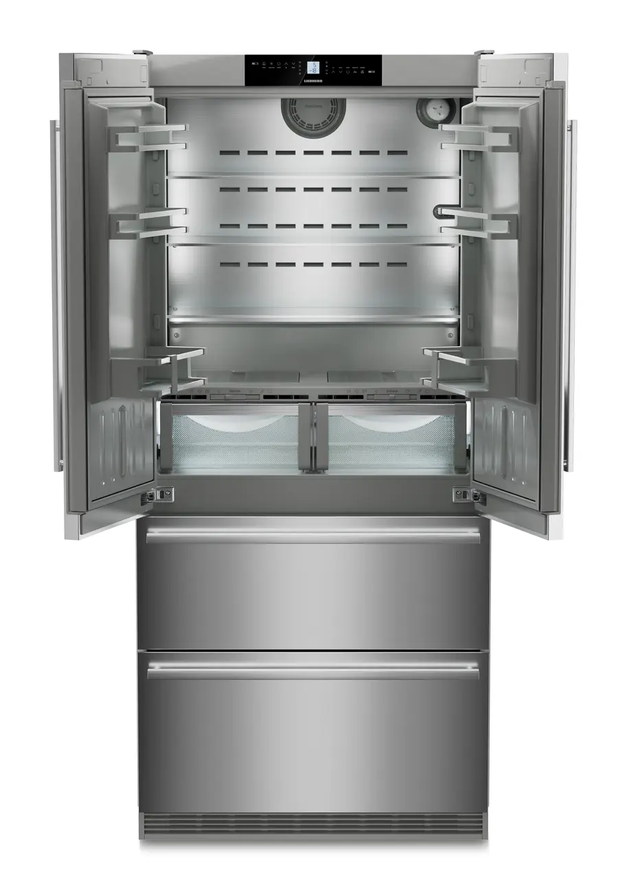 Product image, Perspective: straight open empty, Fridge-freezer with BioFresh and NoFrost, Casing colour: stainless steel, Door colour: stainless steel