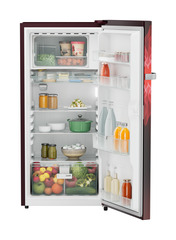 Product image, Perspective: straight open decorated, Single-door refrigerator 191 l in 4 star with iCoolTouch UI, Casing colour: red, Door colour: Red Mystiq