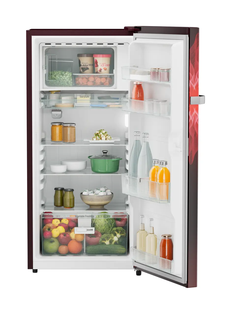Product image, Perspective: straight open decorated, Single-door refrigerator 191 l in 4 star with iCoolTouch UI, Casing colour: red, Door colour: Red Mystiq