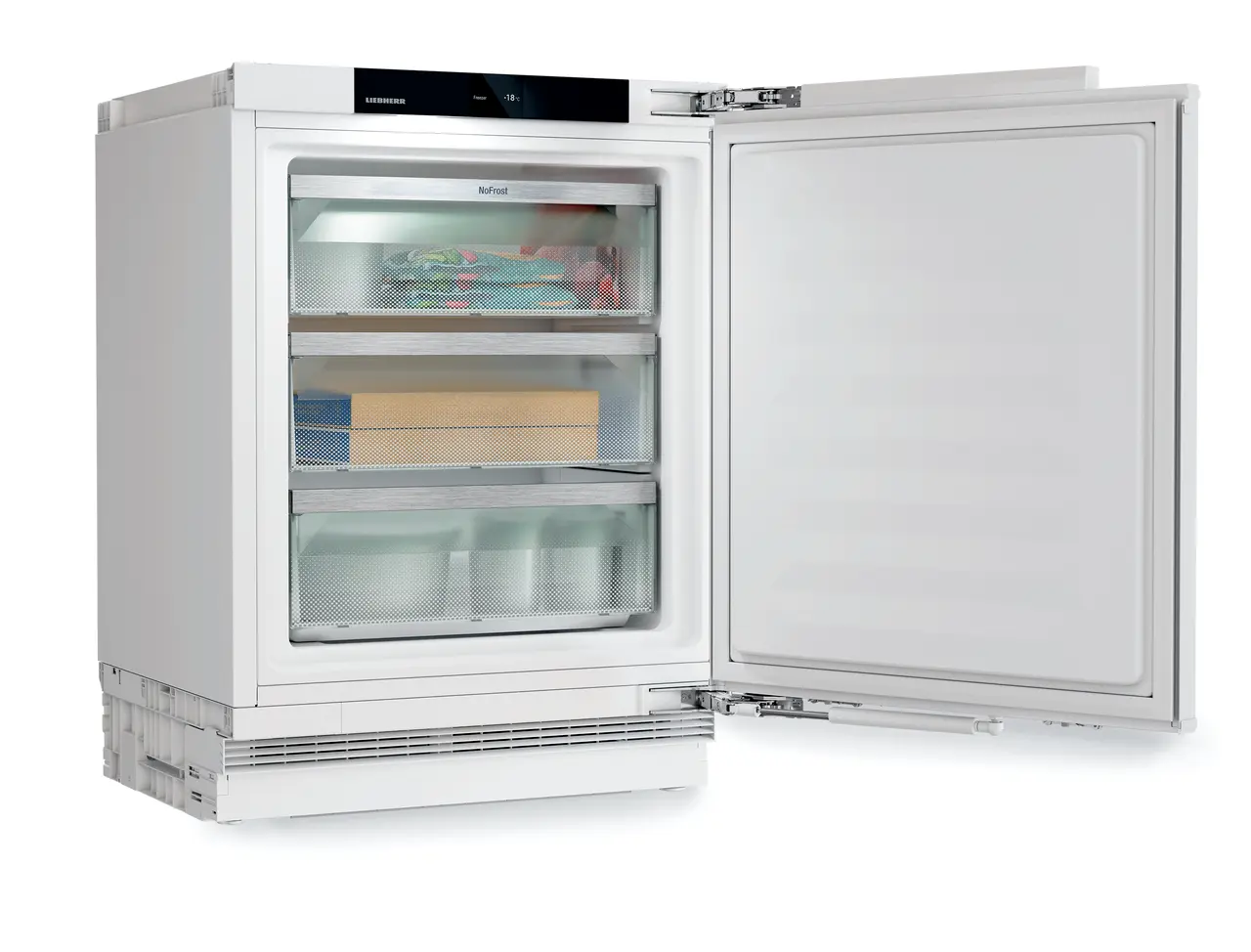 Product image, Perspective: oblique open decorated, Freezer suitable for undercounter installation with NoFrost