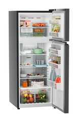 Product image, Perspective: oblique open decorated, Fridge-freezer with NoFrost, Casing colour: grey, Door colour: BlackSteel