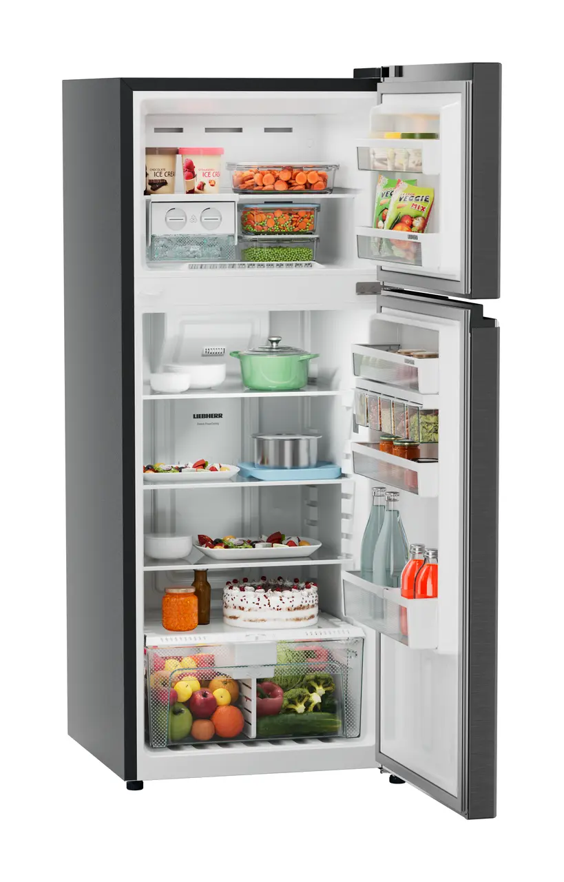 Product image, Perspective: oblique open decorated, Fridge-freezer with NoFrost, Casing colour: grey, Door colour: BlackSteel