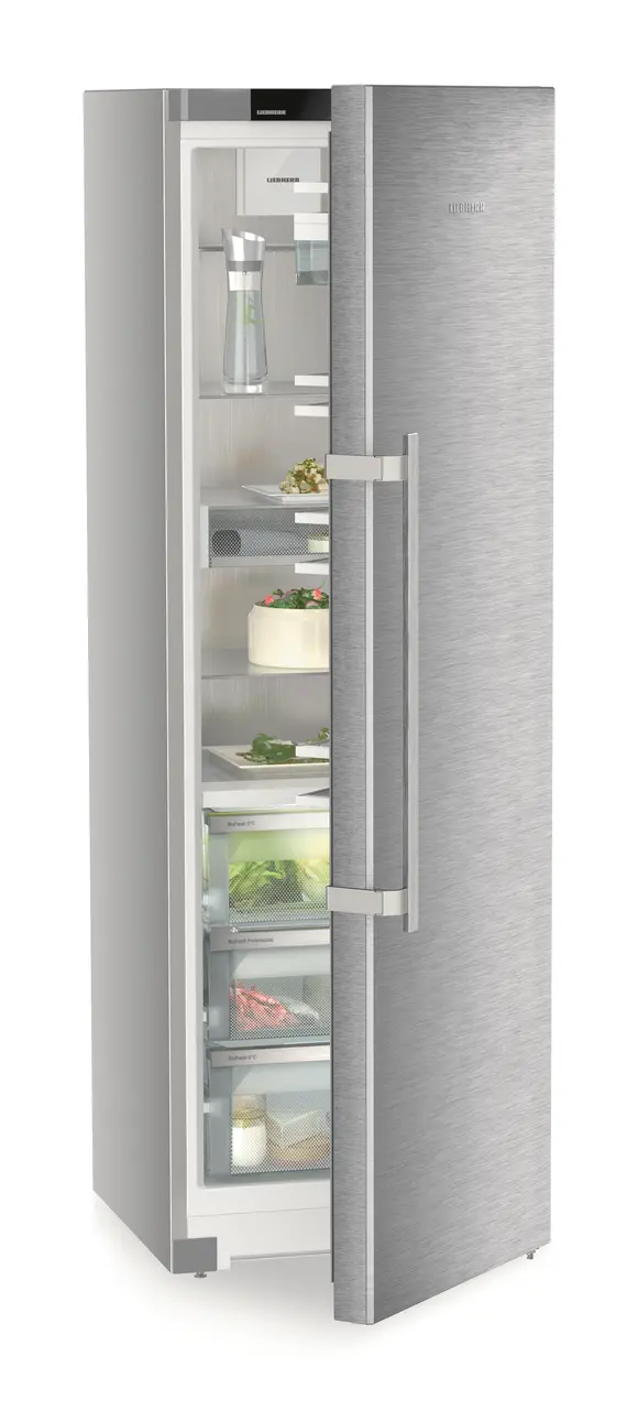 Product image, Perspective: oblique half-open decorated, Freestanding refrigerator with BioFresh Professional, Casing colour: silver, Door colour: stainless steel