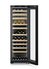 Product image, Perspective: straight open decorated, Multi-temperature wine cabinet, Casing colour: BlackSteel, Door colour: GlassBlack