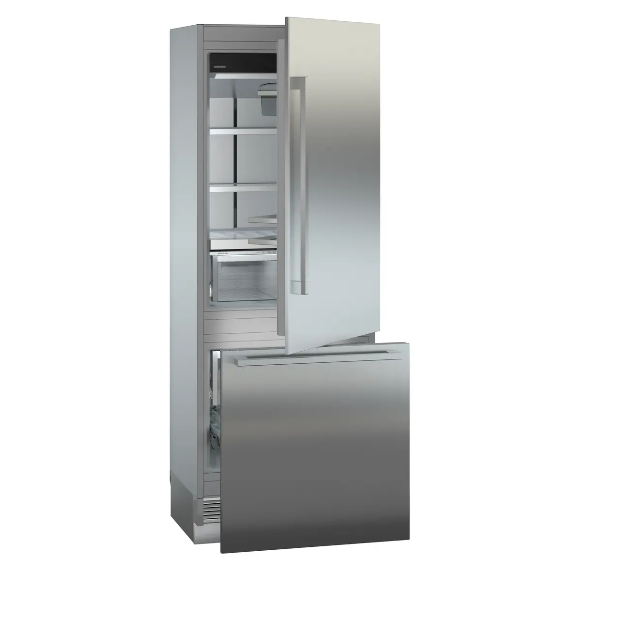 Product image, Perspective: oblique half-open empty, Combined refrigerator-freezer with BioFresh and NoFrost for integrated use, Casing colour: grey