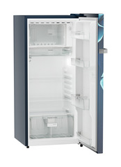 Product image, Perspective: oblique open empty, Single-door refrigerator 202 l in 3 star and horizontal handle, Casing colour: blue, Door colour: Blue Divine