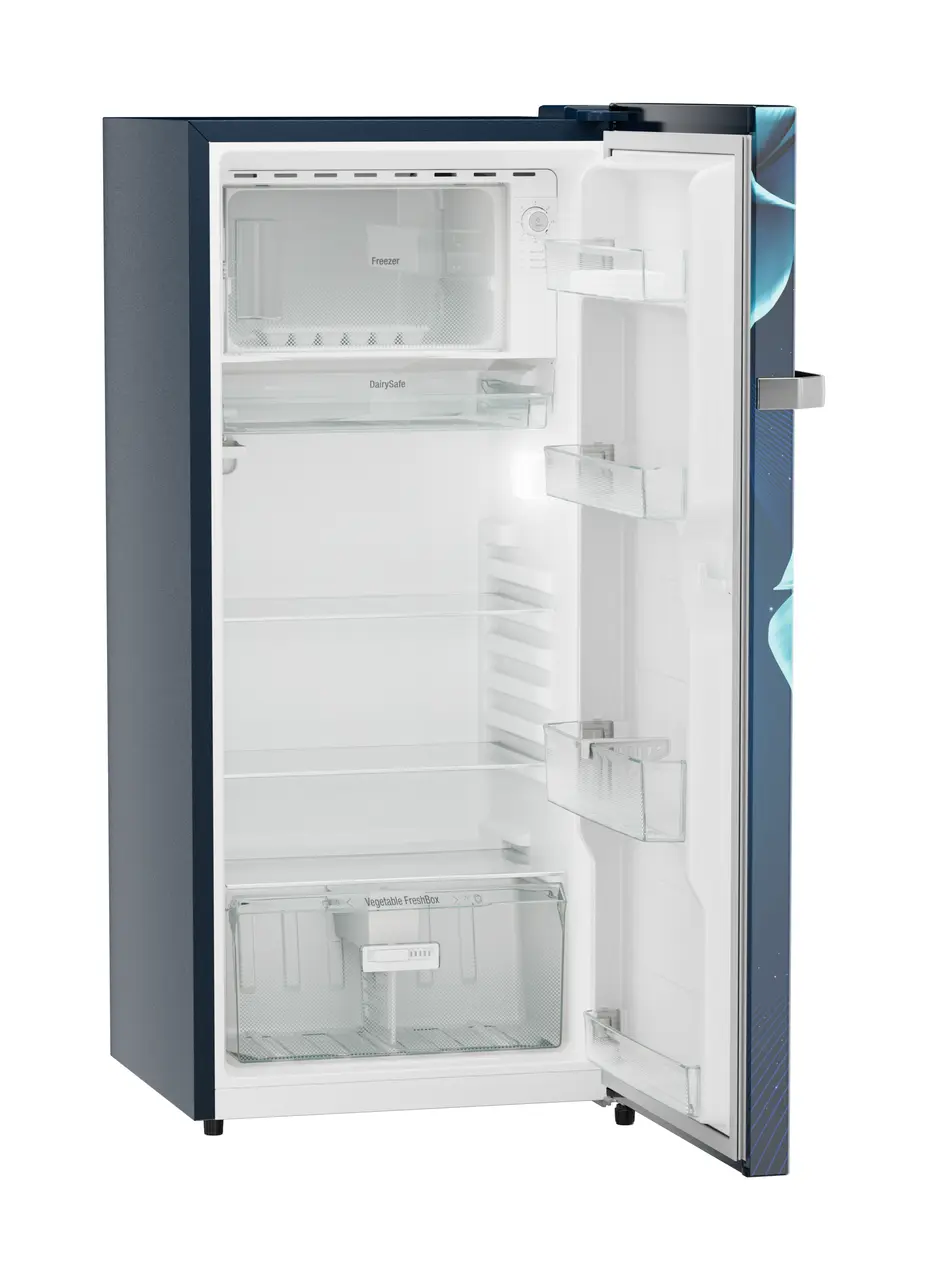 Product image, Perspective: oblique open empty, Single-door refrigerator 202 l in 3 star and horizontal handle, Casing colour: blue, Door colour: Blue Divine