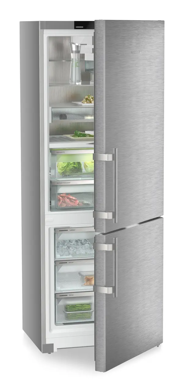 Product image, Perspective: oblique half-open decorated, Fridge-freezer with BioFresh Professional and NoFrost, Casing colour: silver, Door colour: stainless steel