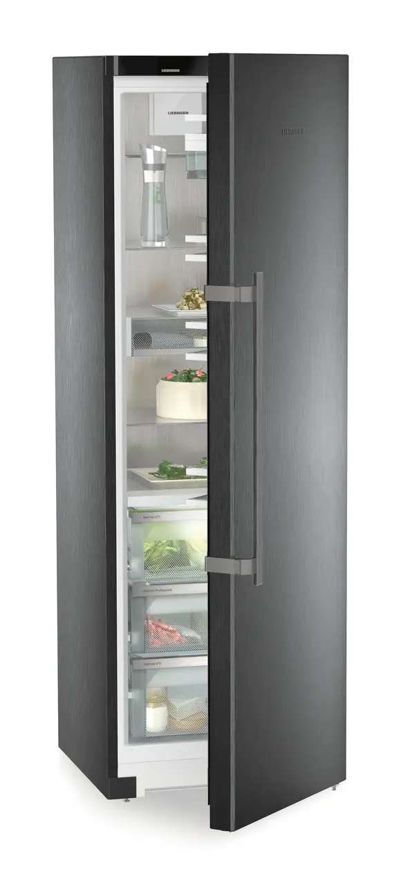 Product image, Perspective: oblique half-open decorated, Freestanding refrigerator with BioFresh Professional, Casing colour: BlackSteel, Door colour: BlackSteel