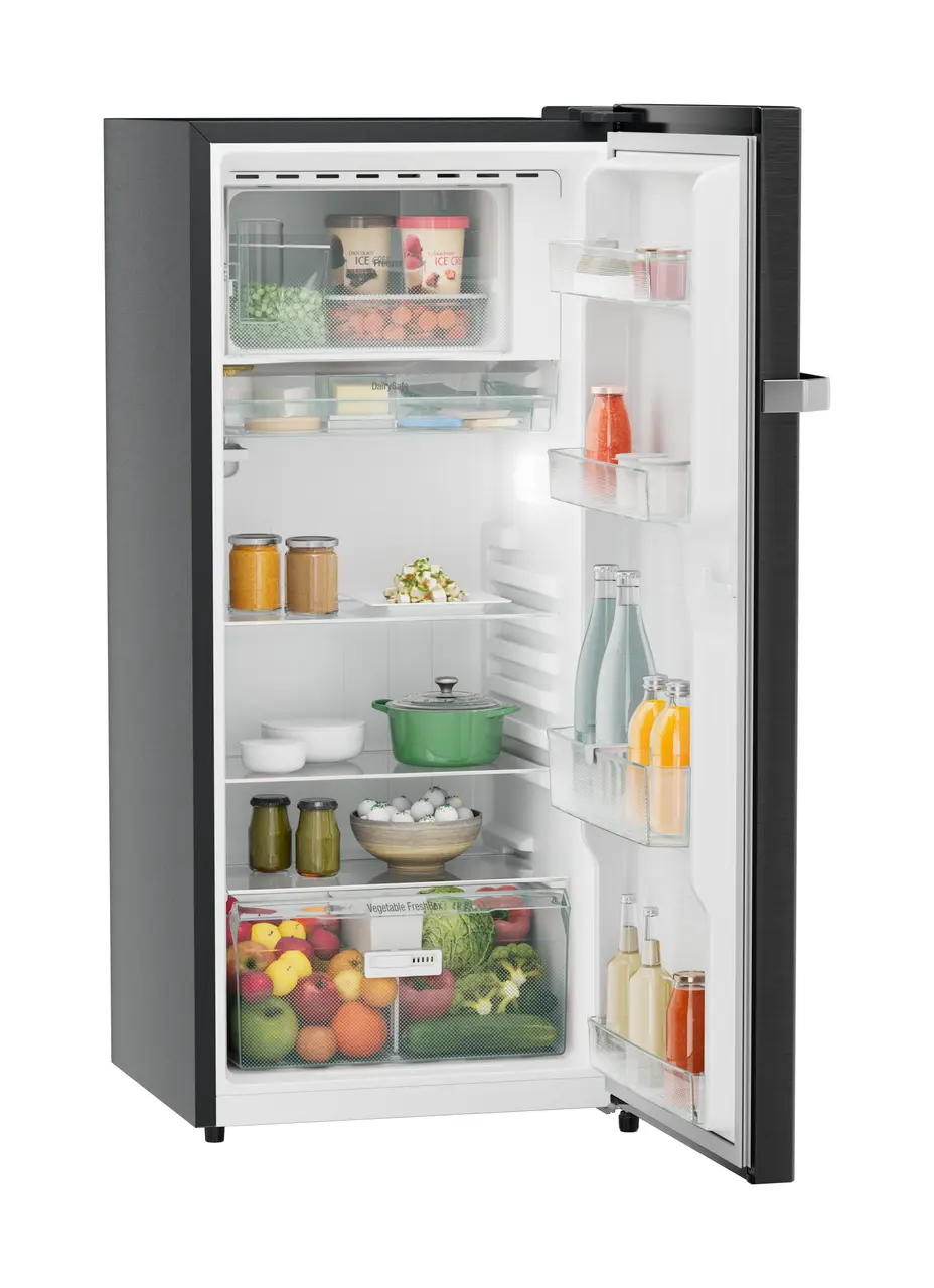 Product image, Perspective: oblique open decorated, Single-door refrigerator 202 l in 4 star with iCoolTouch UI, Casing colour: grey, Door colour: BlackSteel