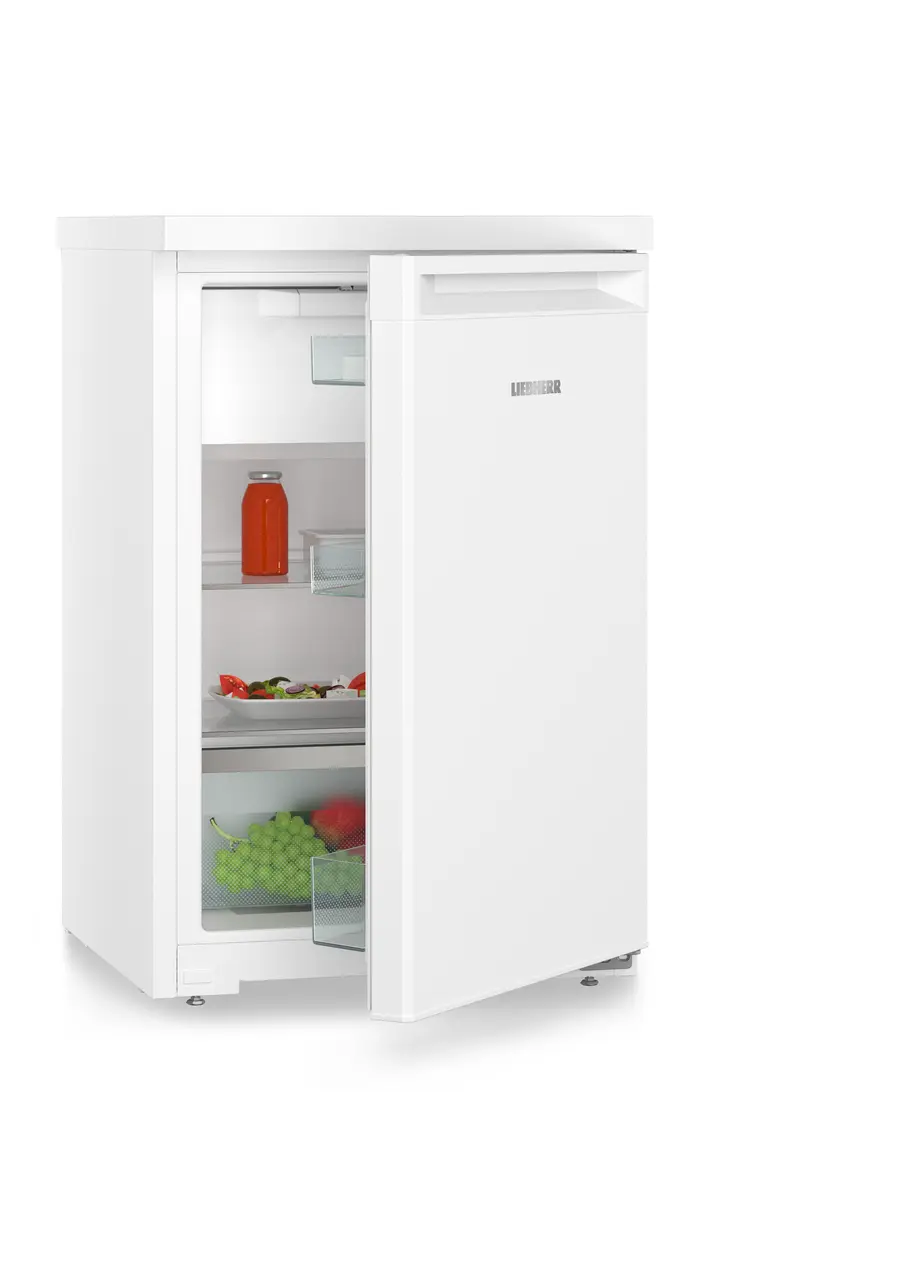 Product image, Perspective: oblique half-open decorated, Table top refrigerator, Casing colour: white, Door colour: white