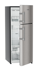 Product image, Perspective: oblique half-open empty, Fridge-freezer with NoFrost, Casing colour: grey, Door colour: Stainless Steel