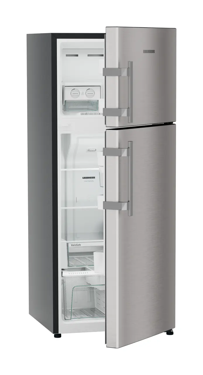 Product image, Perspective: oblique half-open empty, Fridge-freezer with NoFrost, Casing colour: grey, Door colour: Stainless Steel