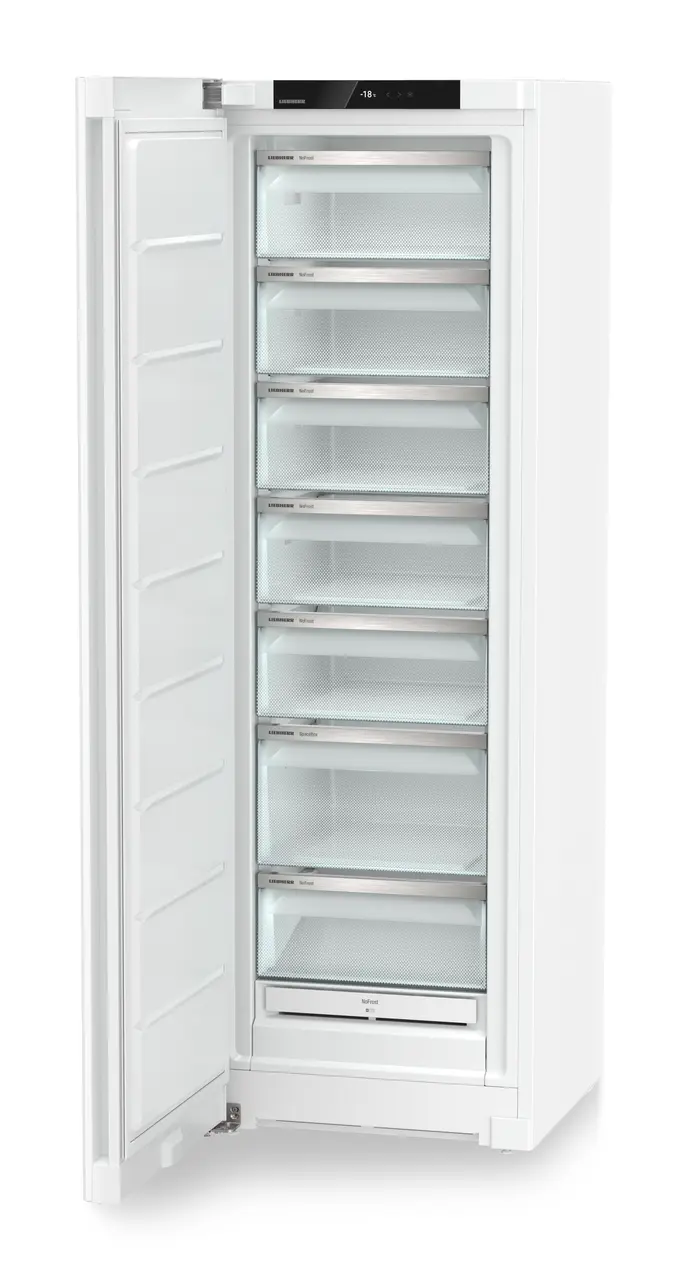 Изображение продукции, Перспектива: Под углом, с открытой дверцей, без продуктов, Морозильная камера с системой NoFrost, Цвет корпуса: белый, Цвет дверцы: белый