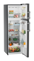 Product image, Perspective: oblique open decorated, Fridge-freezer with NoFrost, Casing colour: grey, Door colour: BlackSteel