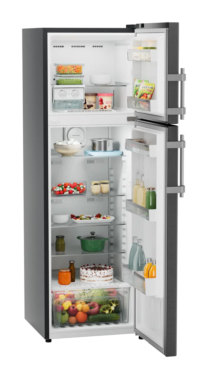 Product image, Perspective: oblique open decorated, Fridge-freezer with NoFrost, Casing colour: grey, Door colour: BlackSteel