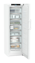 Product image, Perspective: oblique open decorated, Freestanding freezer with NoFrost and EasyTwist-Ice, Casing colour: white, Door colour: white