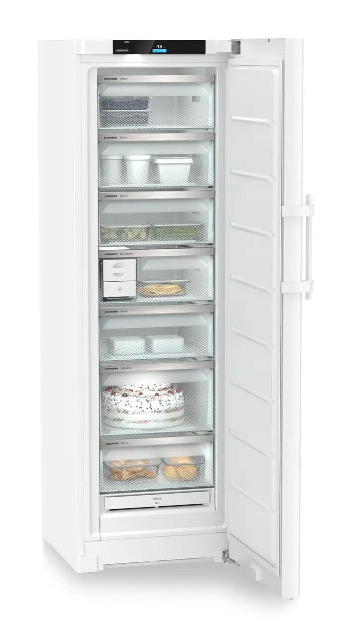 Product image, Perspective: oblique open decorated, Freestanding freezer with NoFrost and EasyTwist-Ice, Casing colour: white, Door colour: white