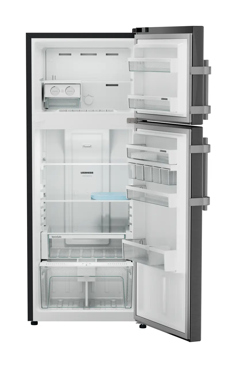 Product image, Perspective: straight open empty, Fridge-freezer with NoFrost, Casing colour: grey, Door colour: BlackSteel
