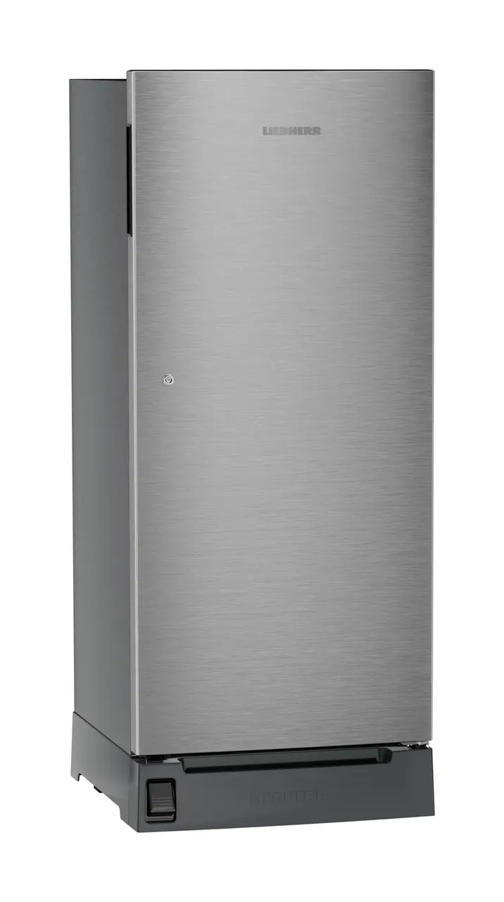 Product image, Perspective: oblique closed, Single-door refrigerator 202 l in 3 star with foot pedal base drawer, Casing colour: grey, Door colour: Silver Steel