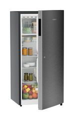 Product image, Perspective: oblique half-open decorated, Single-door refrigerator 191 l in 5 star with inverter compressor, Casing colour: grey, Door colour: Silver Steel
