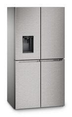 Obrázok produktu, Perspektíva: Šikmo, spotrebič zatvorený, 4-dverová francúzska chladnička s mrazničkou s dávkovačom vody a kociek ľadu, Farba steny: Strieborný, Farba dverí: Ušľachtilá oceľ