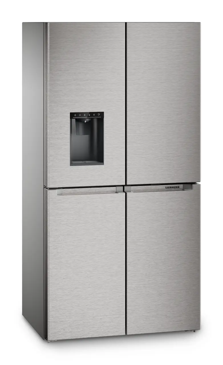 Obrázok produktu, Perspektíva: Šikmo, spotrebič zatvorený, 4-dverová francúzska chladnička s mrazničkou s dávkovačom vody a kociek ľadu, Farba steny: Strieborný, Farba dverí: Ušľachtilá oceľ